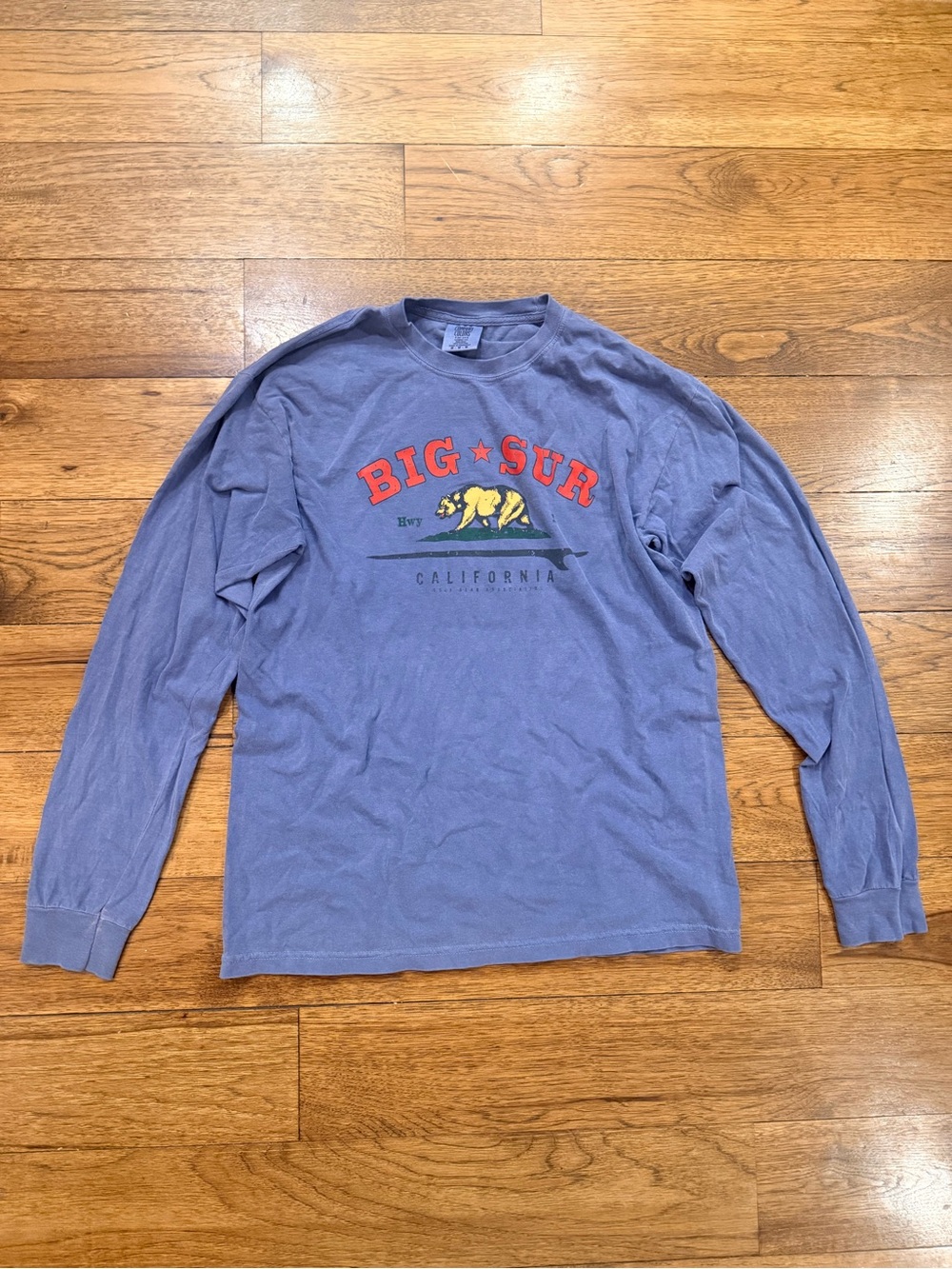 Comfort Colors Big Sur Graphic Long Sleeve Tee - Dusty Blue with Red Print